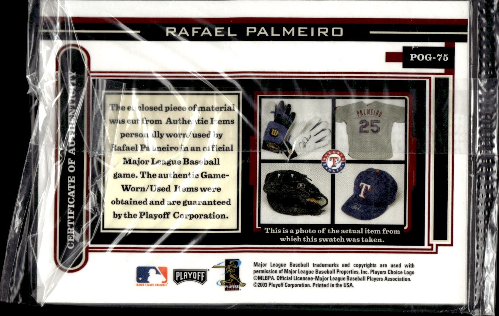 2003 Playoff Piece of the Game #75A Rafael Palmeiro Jsy back image