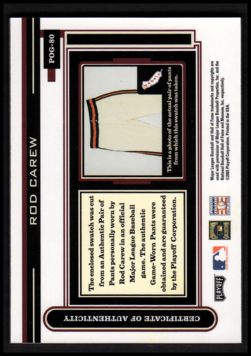 2003 Playoff Piece of the Game #80 Rod Carew Pants back image