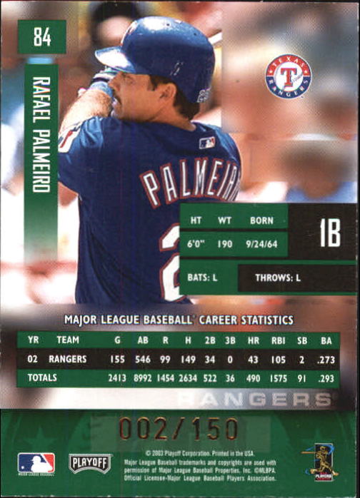 2003 Playoff Prestige Xtra Points Green #84 Rafael Palmeiro back image