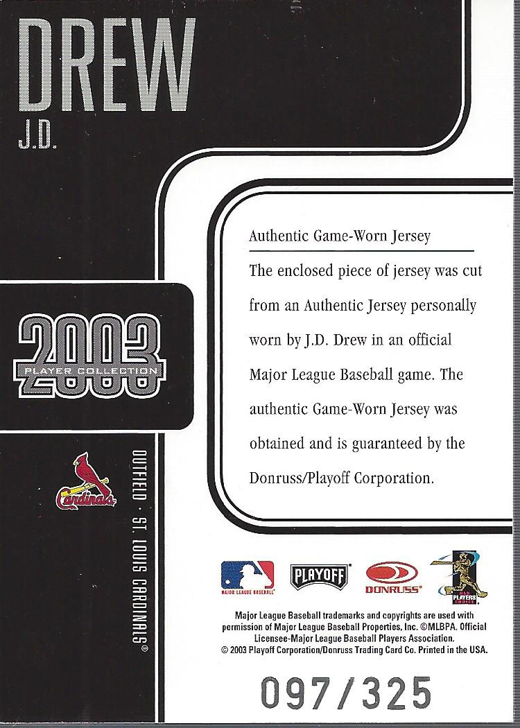 2003 Playoff Prestige Player Collection #21 J.D. Drew Jsy back image