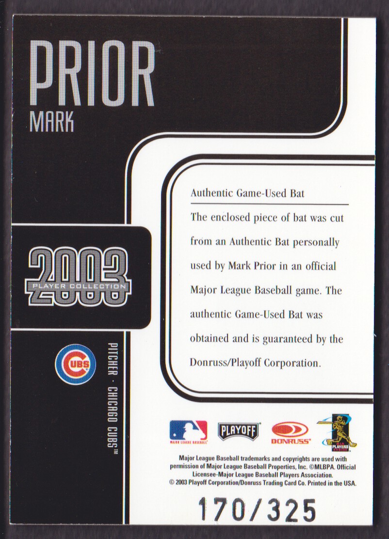2003 Playoff Prestige Player Collection #70 Mark Prior Bat back image