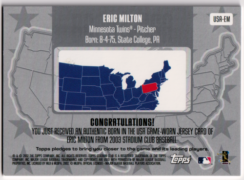 2003 Stadium Club Born in the USA Relics #EM Eric Milton Jsy back image