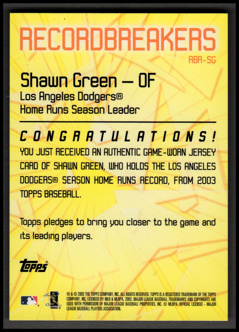 2003 Topps Record Breakers Relics #SG Shawn Green Uni B1 back image