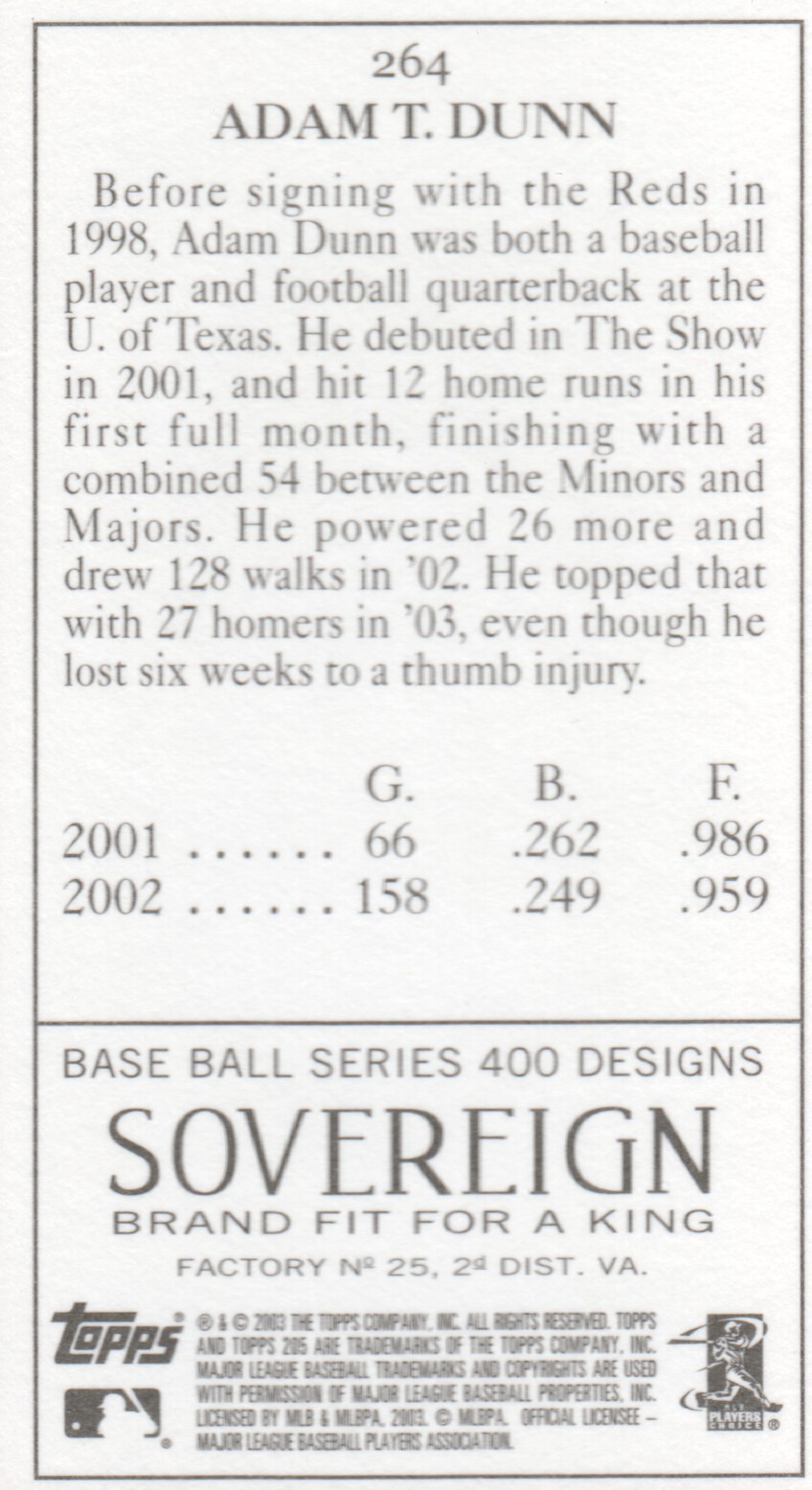 2003 Topps 205 Sovereign #264 Adam Dunn back image