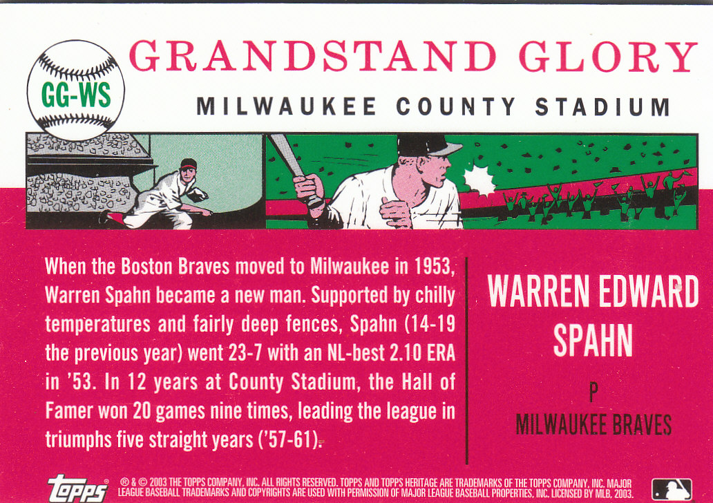 2003 Topps Heritage Grandstand Glory Stadium Relics #WS Warren Spahn F back image