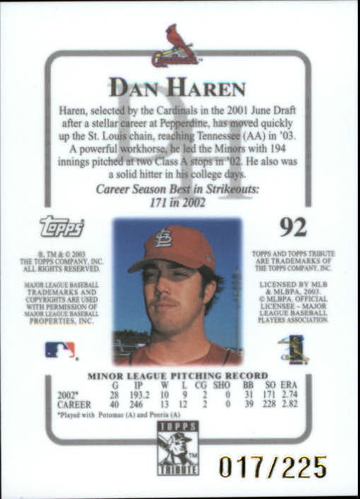 2003 Topps Tribute Contemporary Red #92 Dan Haren FY back image