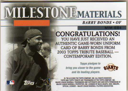 2003 Topps Tribute Contemporary Milestone Materials Relics #BB4 Barry Bonds 500 2B Uni back image
