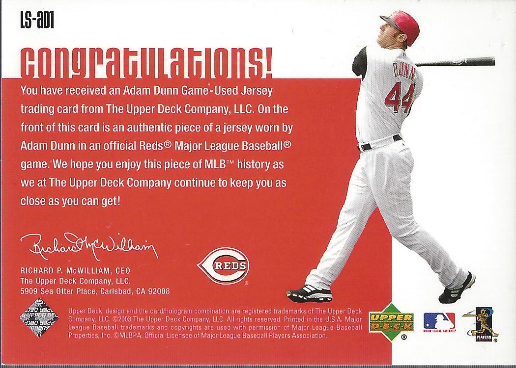 2003 Upper Deck Leading Swatches #AD1 Adam Dunn BB SP back image