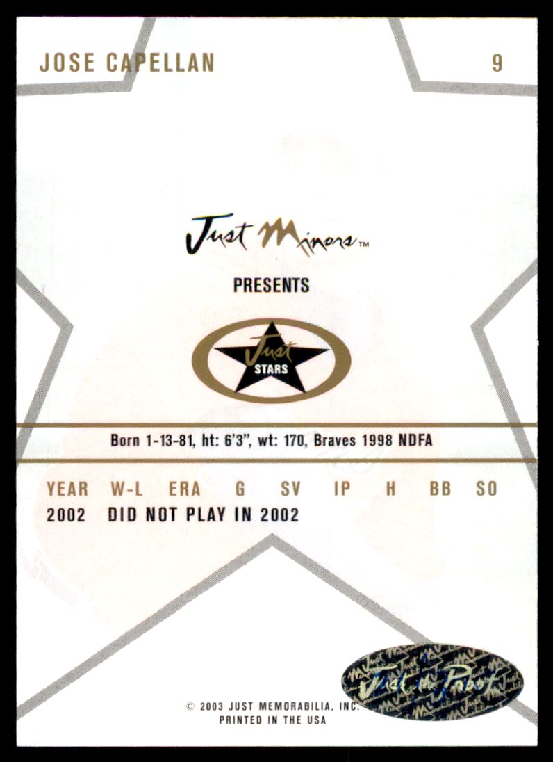 2003 Just Stars Autographs #9 Jose Capellan/375 back image