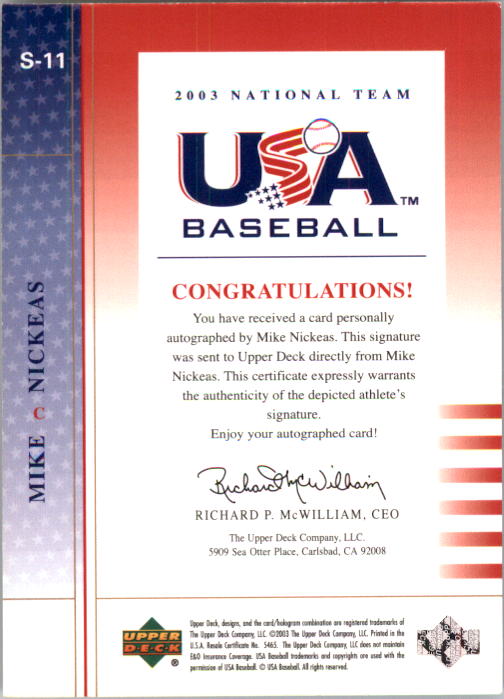 2003 USA Baseball National Team Signatures Blue #11 Mike Nickeas back image