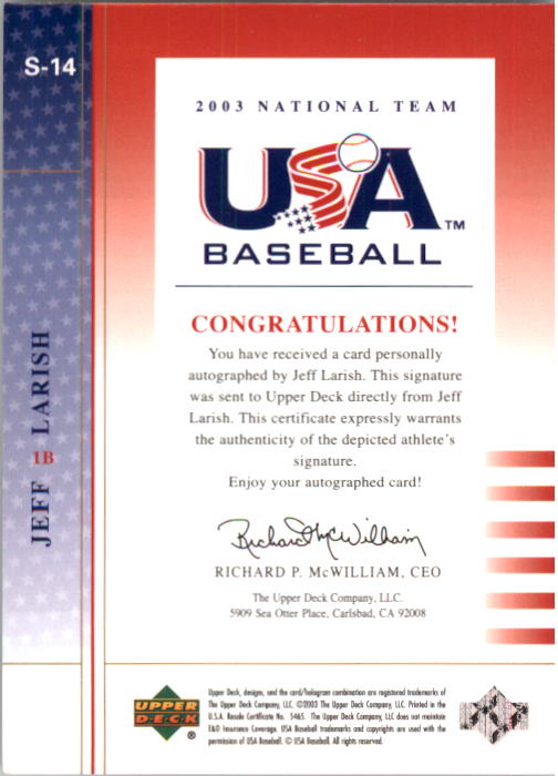 2003 USA Baseball National Team Signatures Blue #14 Jeff Larish back image