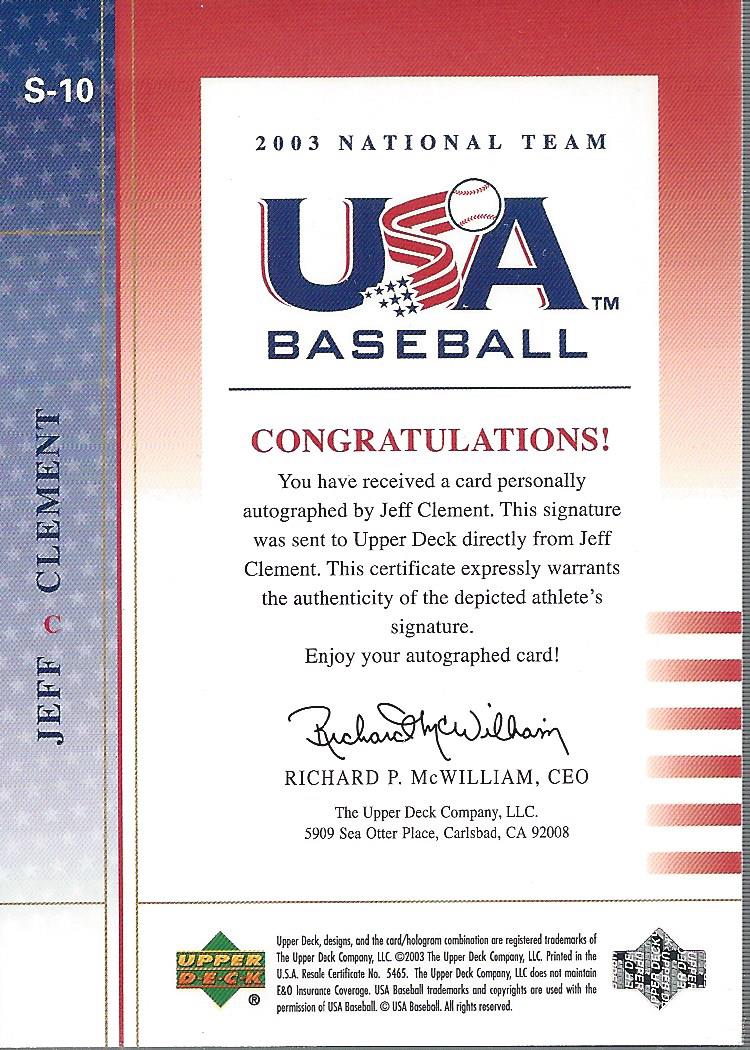 2003 USA Baseball National Team Signatures Red #10 Jeff Clement back image