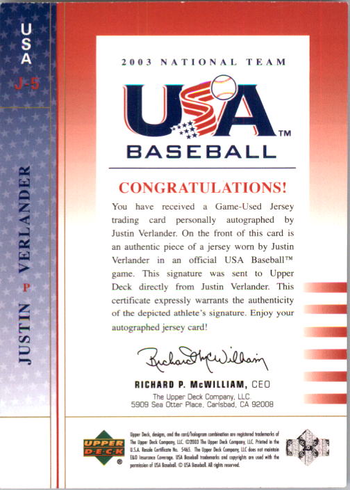 2003 USA Baseball National Team Signed Jersey Red #5 Justin Verlander back image