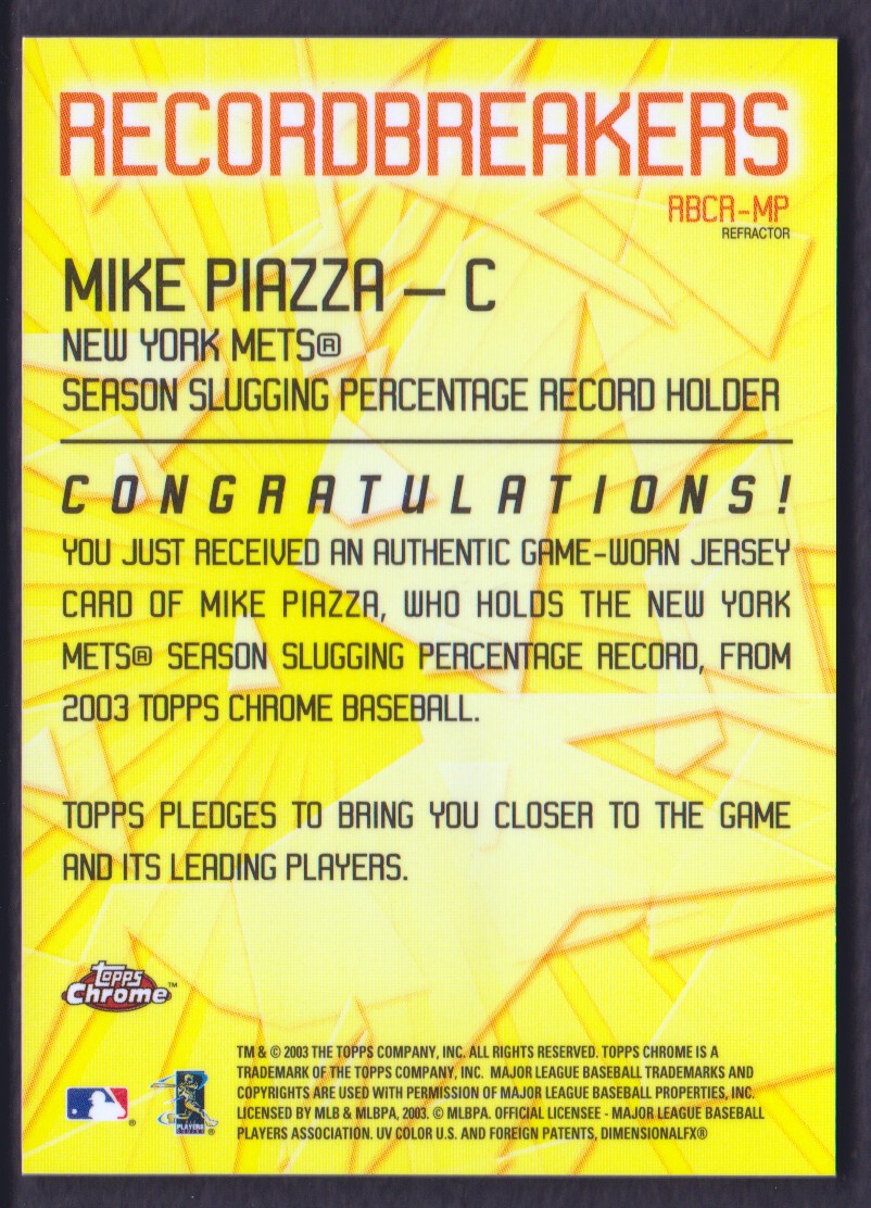 2003 Topps Chrome Record Breakers Relics #MP Mike Piazza Uni B1 back image