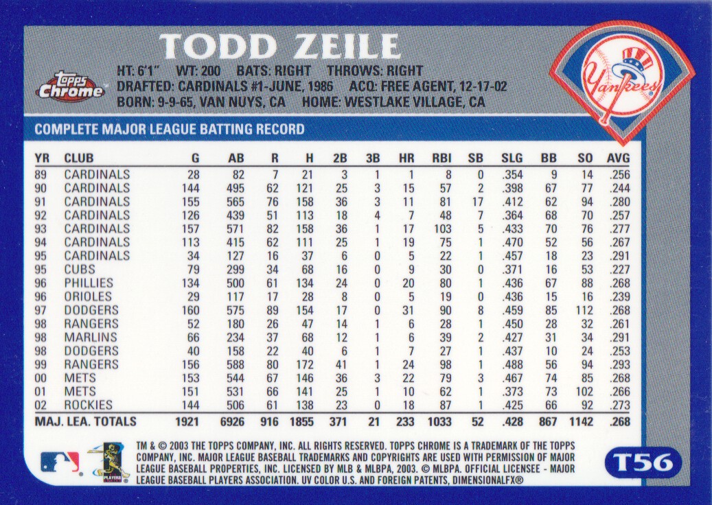 2003 Topps Chrome Traded #T56 Todd Zeile back image
