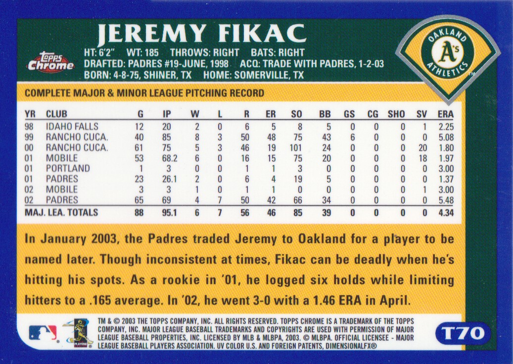 2003 Topps Chrome Traded #T70 Jeremy Fikac back image