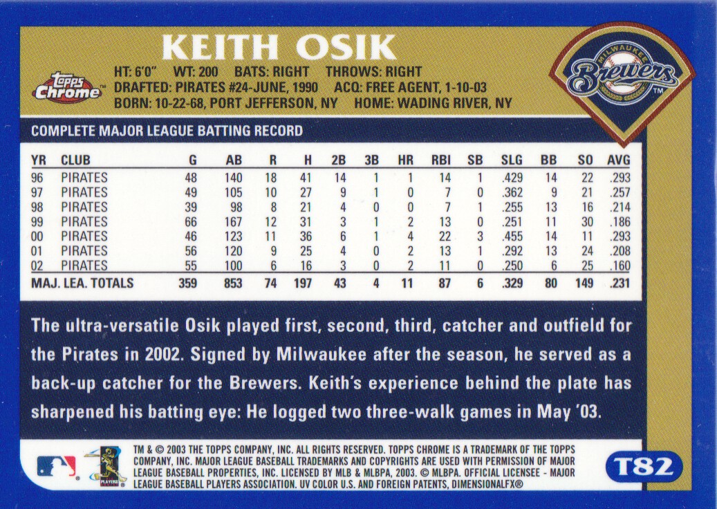 2003 Topps Chrome Traded #T82 Keith Osik back image