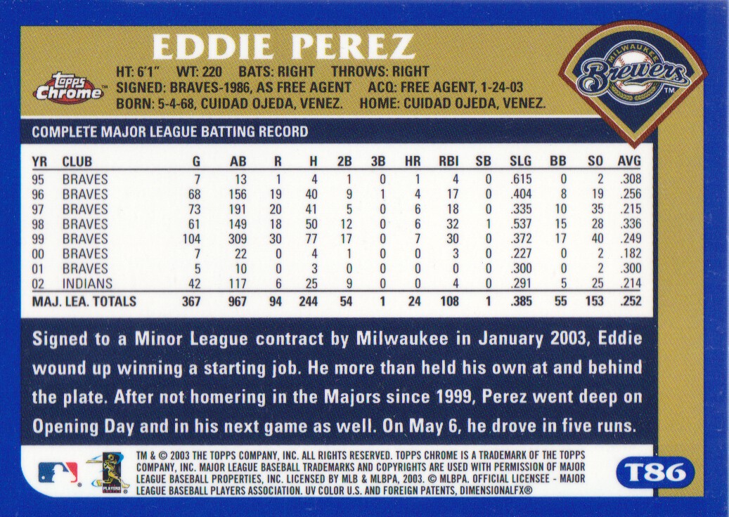 2003 Topps Chrome Traded #T86 Eddie Perez back image