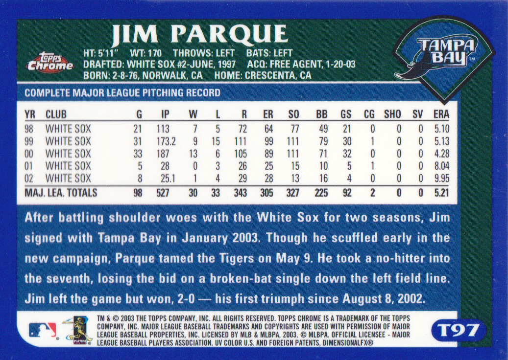 2003 Topps Chrome Traded #T97 Jim Parque back image
