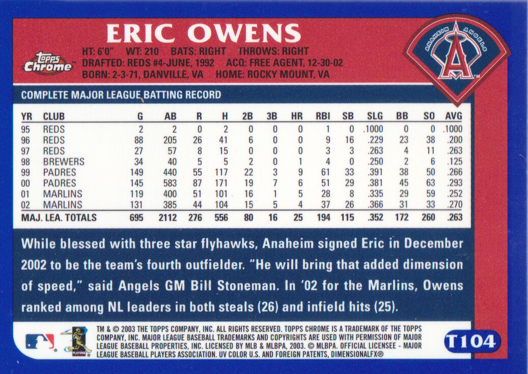 2003 Topps Chrome Traded #T104 Eric Owens back image