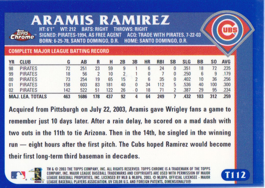 2003 Topps Chrome Traded #T112 Aramis Ramirez back image