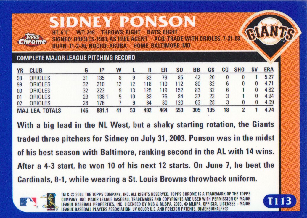 2003 Topps Chrome Traded #T113 Sidney Ponson back image