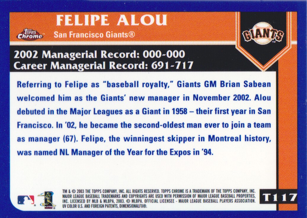 2003 Topps Chrome Traded #T117 Felipe Alou MG back image