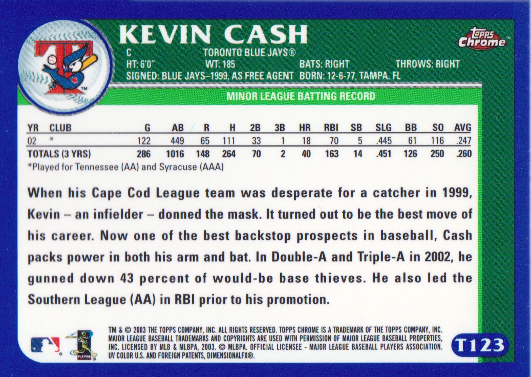2003 Topps Chrome Traded #T123 Kevin Cash PROS back image
