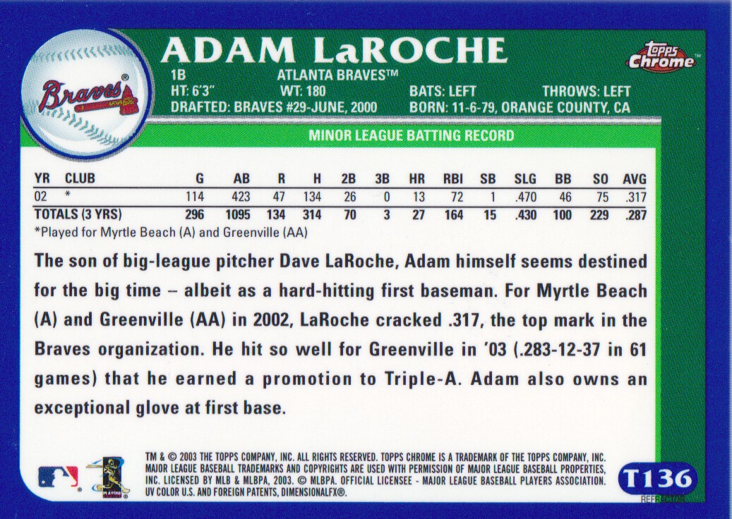 2003 Topps Chrome Traded Refractors #T136 Adam LaRoche PROS back image