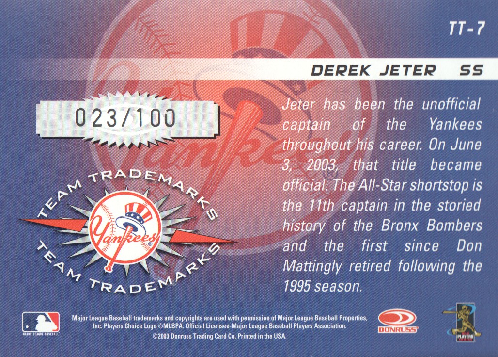 2003 Donruss Signature Team Trademarks Century #7 Derek Jeter back image