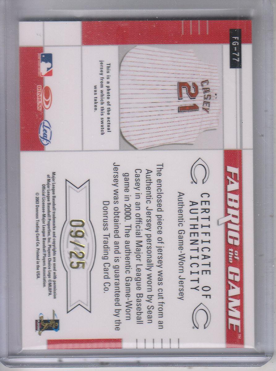 2003 Leaf Certified Materials Fabric of the Game #77PS Sean Casey PS/25 back image