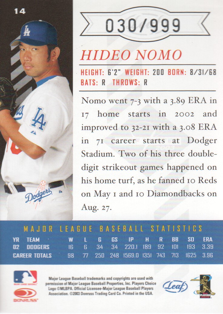2003 Leaf Limited #14 H.Nomo Dodgers back image