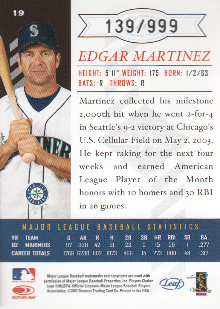2003 Leaf Limited #19 Edgar Martinez A back image