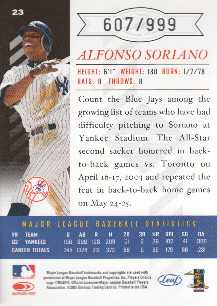 2003 Leaf Limited #23 Alfonso Soriano A back image
