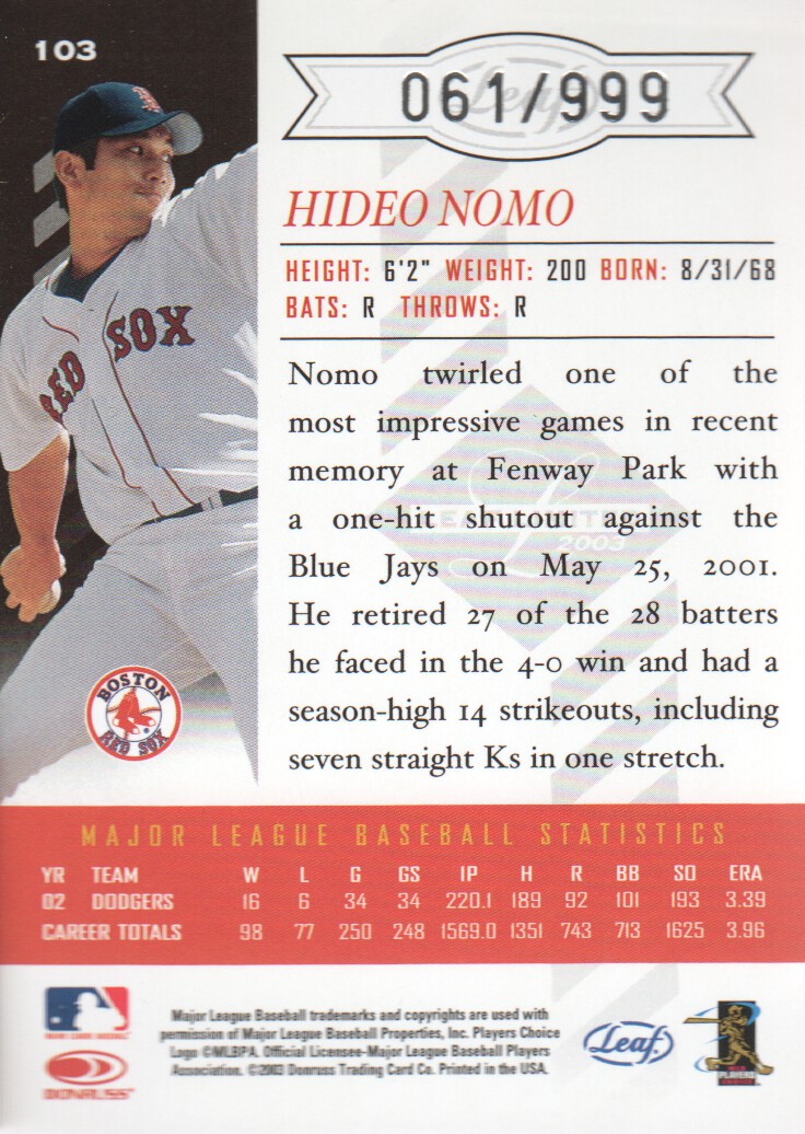 2003 Leaf Limited #103 Hideo Nomo Sox back image