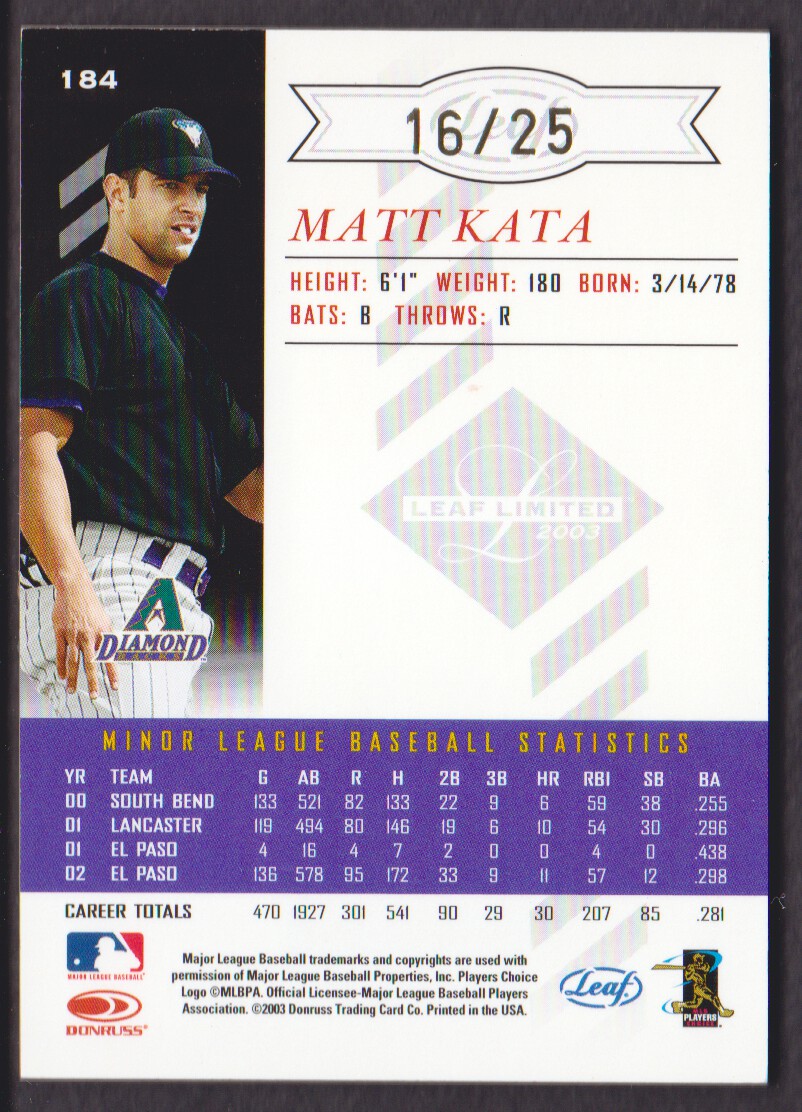 2003 Leaf Limited Gold Spotlight #184 Matt Kata PH AU Bat back image