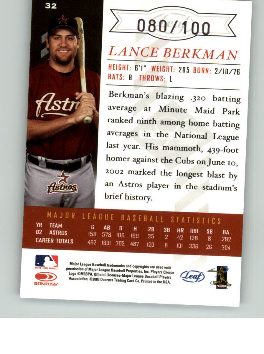 2003 Leaf Limited Silver Spotlight #32 L.Berkman No Socks back image