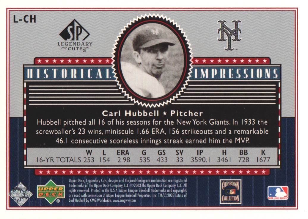2003 SP Legendary Cuts Historical Impressions Silver #CH Carl Hubbell back image