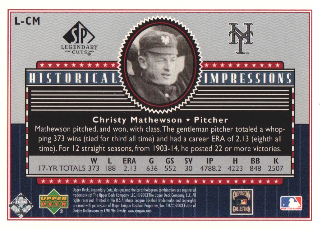 2003 SP Legendary Cuts Historical Impressions Silver #CM Christy Mathewson back image