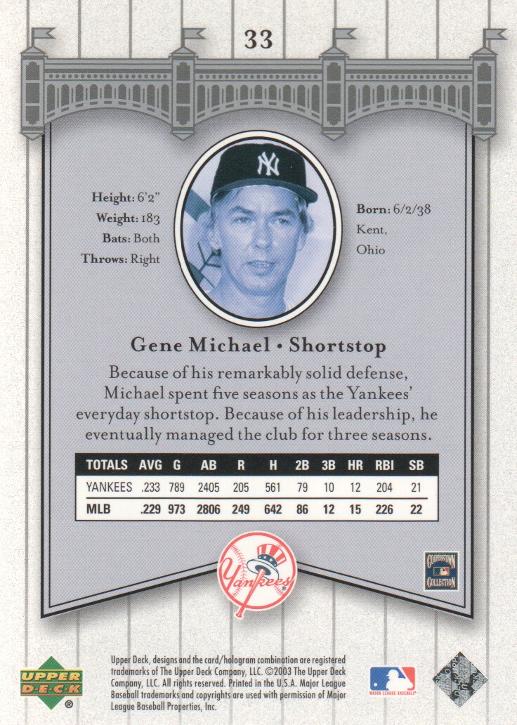 2003 Upper Deck Yankees Signature #33 Gene Michael back image