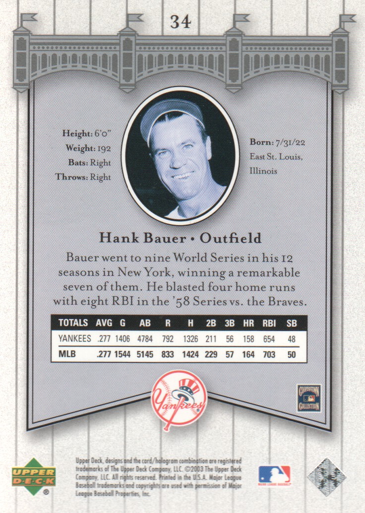 2003 Upper Deck Yankees Signature #34 Hank Bauer back image