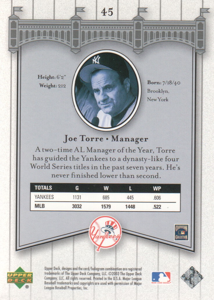 2003 Upper Deck Yankees Signature #45 Joe Torre back image