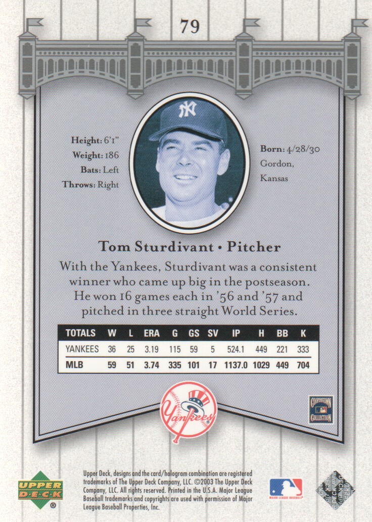 2003 Upper Deck Yankees Signature #79 Tom Sturdivant back image