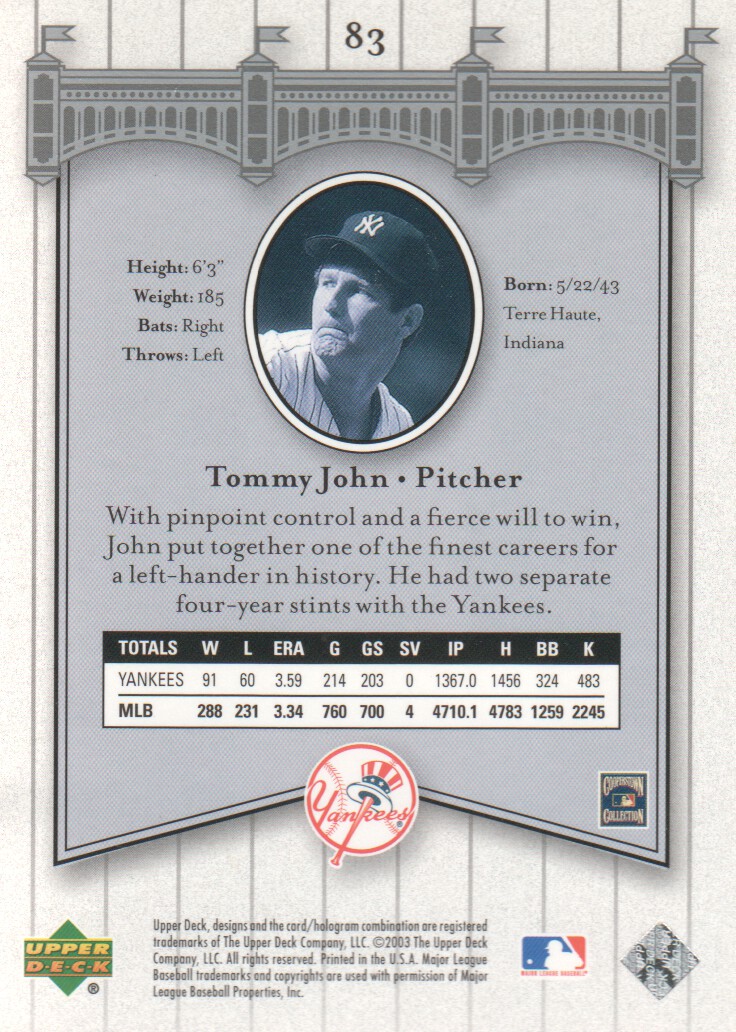 2003 Upper Deck Yankees Signature #83 Tommy John back image