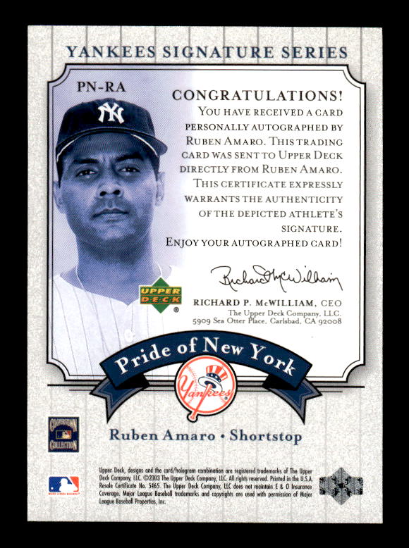 2003 Upper Deck Yankees Signature Pride of New York Autographs #RA Ruben Amaro back image