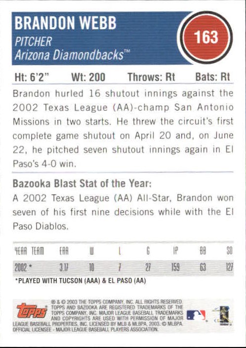 2003 Bazooka #163 Brandon Webb RC back image