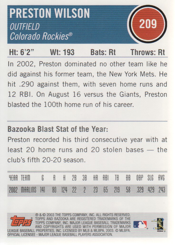 2003 Bazooka #209 Preston Wilson back image