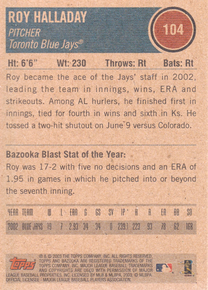 2003 Bazooka Minis #104 Roy Halladay back image