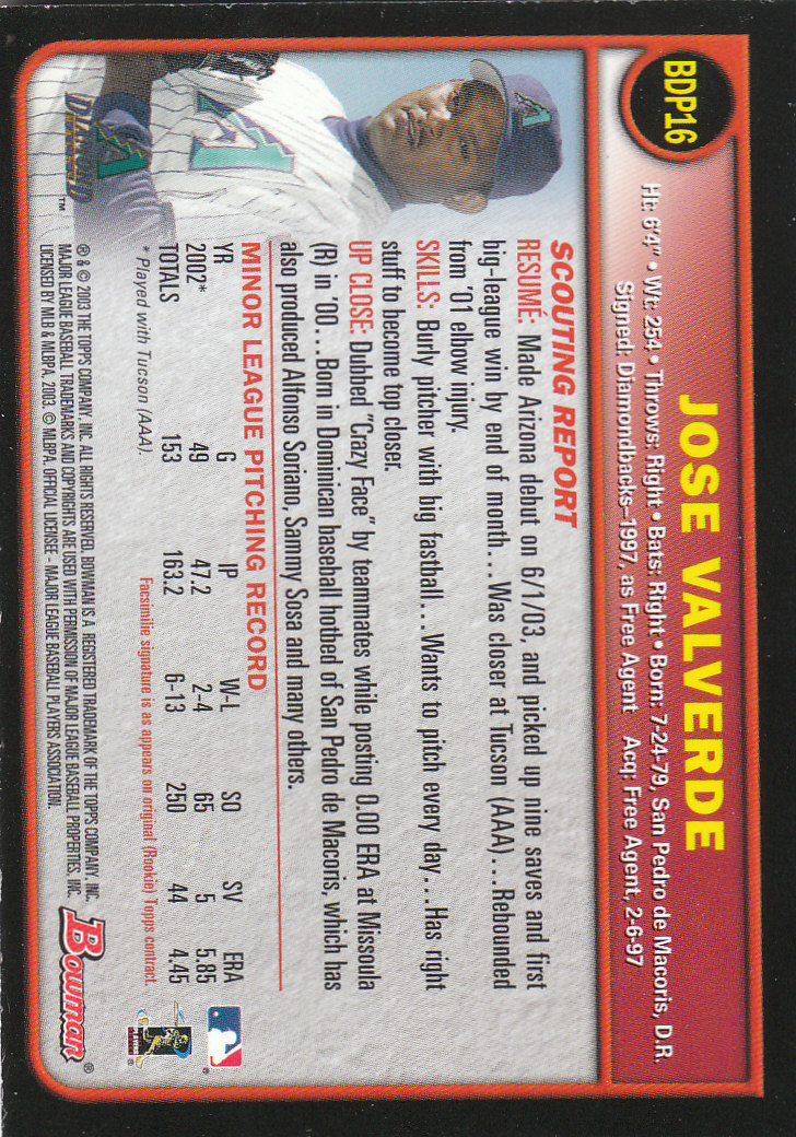 2003 Bowman Draft Gold #16 Jose Valverde back image