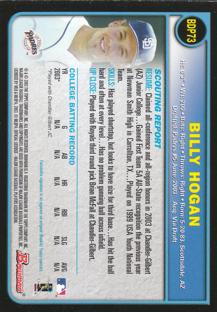 2003 Bowman Draft Gold #73 Billy Hogan back image